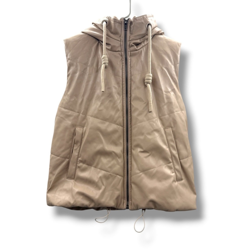 VICI Faux Leather Puffer Vest Womens Small Beige Hooded Quilted Sleeveless Gilet